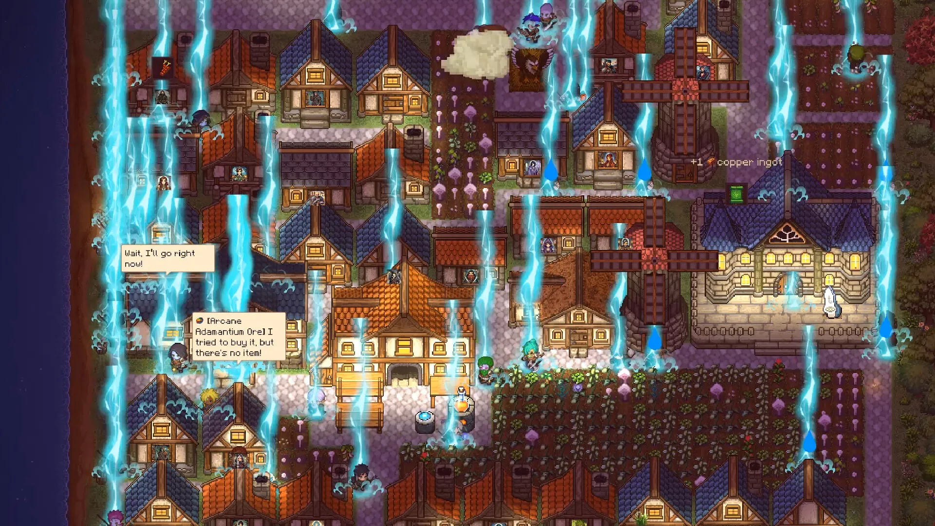 クリエイタークロニクルの村の画面 — ゲームUIは英語